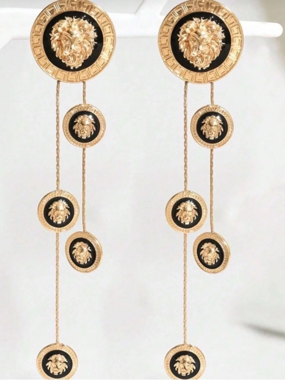 Gold and Black Lion Medallion Cascade Earrings
